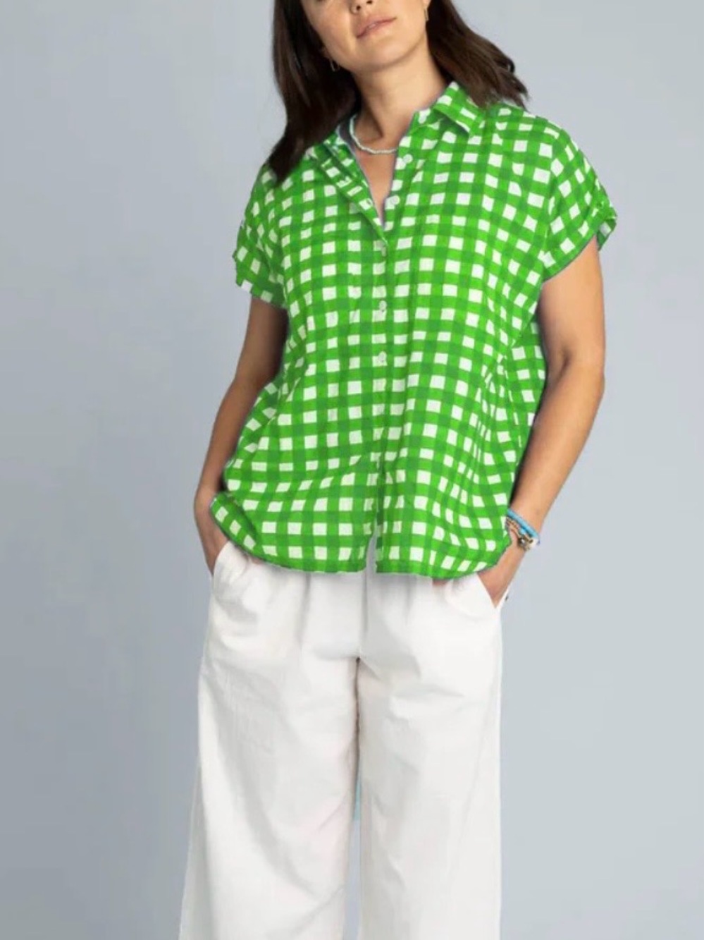 Green Button-Down Gingham Short-Sleeve Shirt